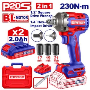 Llave impacto 20V bl c/bat. 2X2AH 2EN1 230NM ECIWL20236 EMTOP