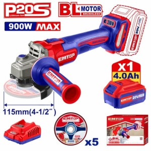 Amoladora ANG.115MM bl 20V c/bat 1X4AH 900W max ELAG261521 EMTOP